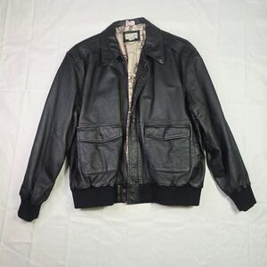 Scandia Woods Men's Bomber Leather Jacket XL Black Map Print Lining Vintage A19
